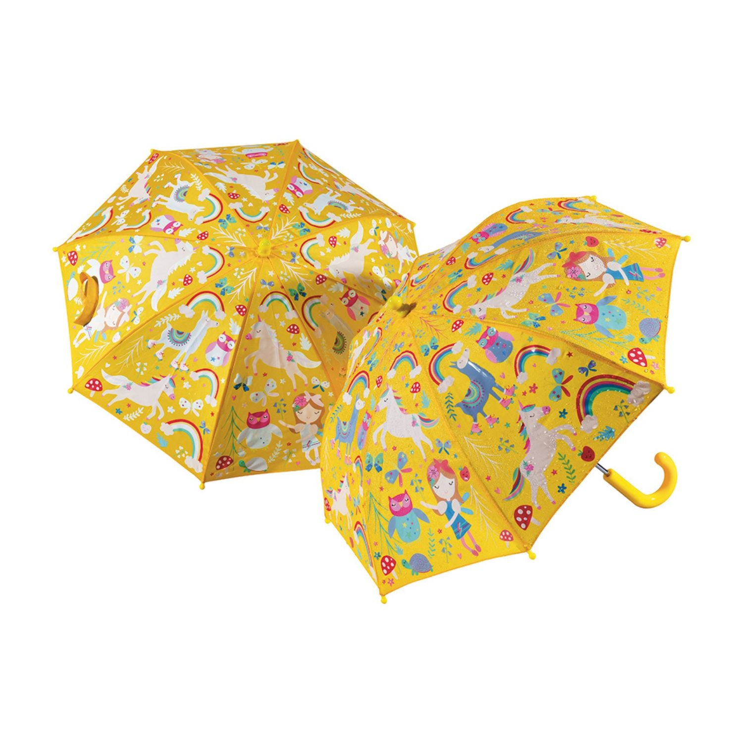 Children's yellow umbrellas with colorful Rainbow Fairy designs