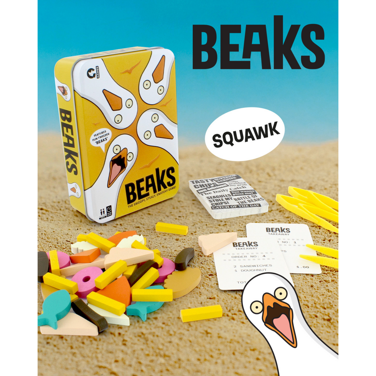 BEAKS toy packaging with colorful bird beak components on a textured surface.