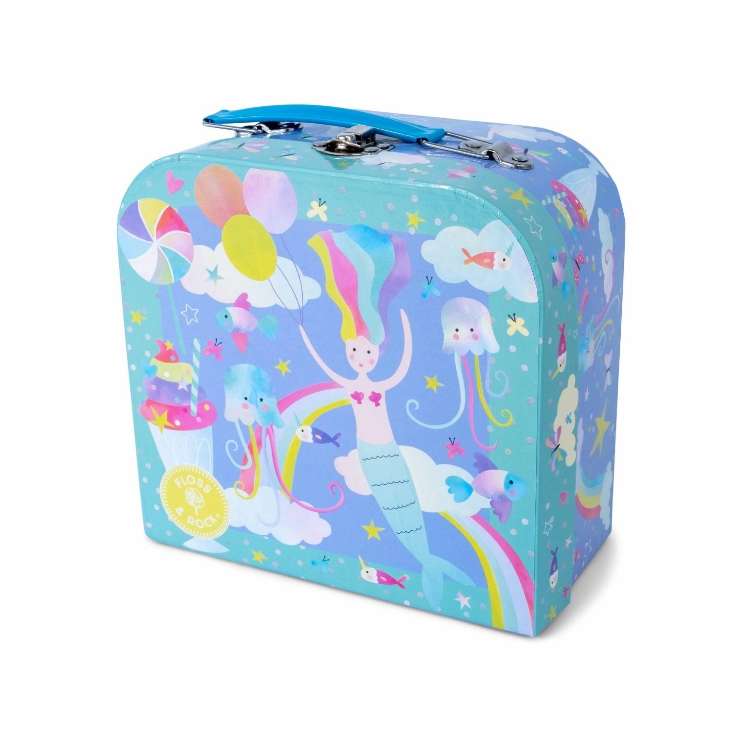 A colorful 7 piece tin tea set in a carrying case with illustrations of mermaids, unicorns, and other fantasy creatures.
