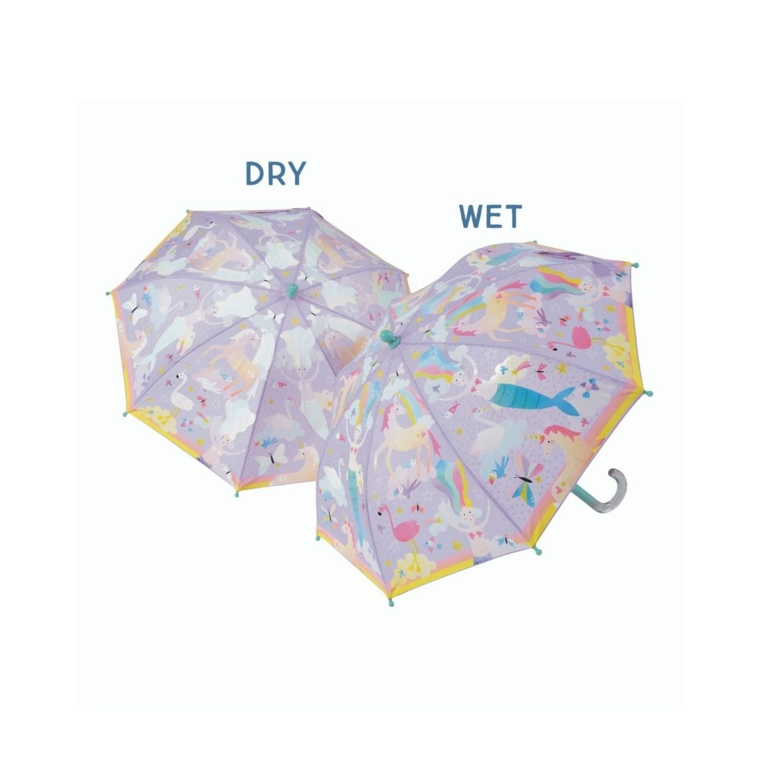 A color-changing umbrella for kids with a pattern of unicorns, mermaids, and flamingos, displayed in both dry and wet states.