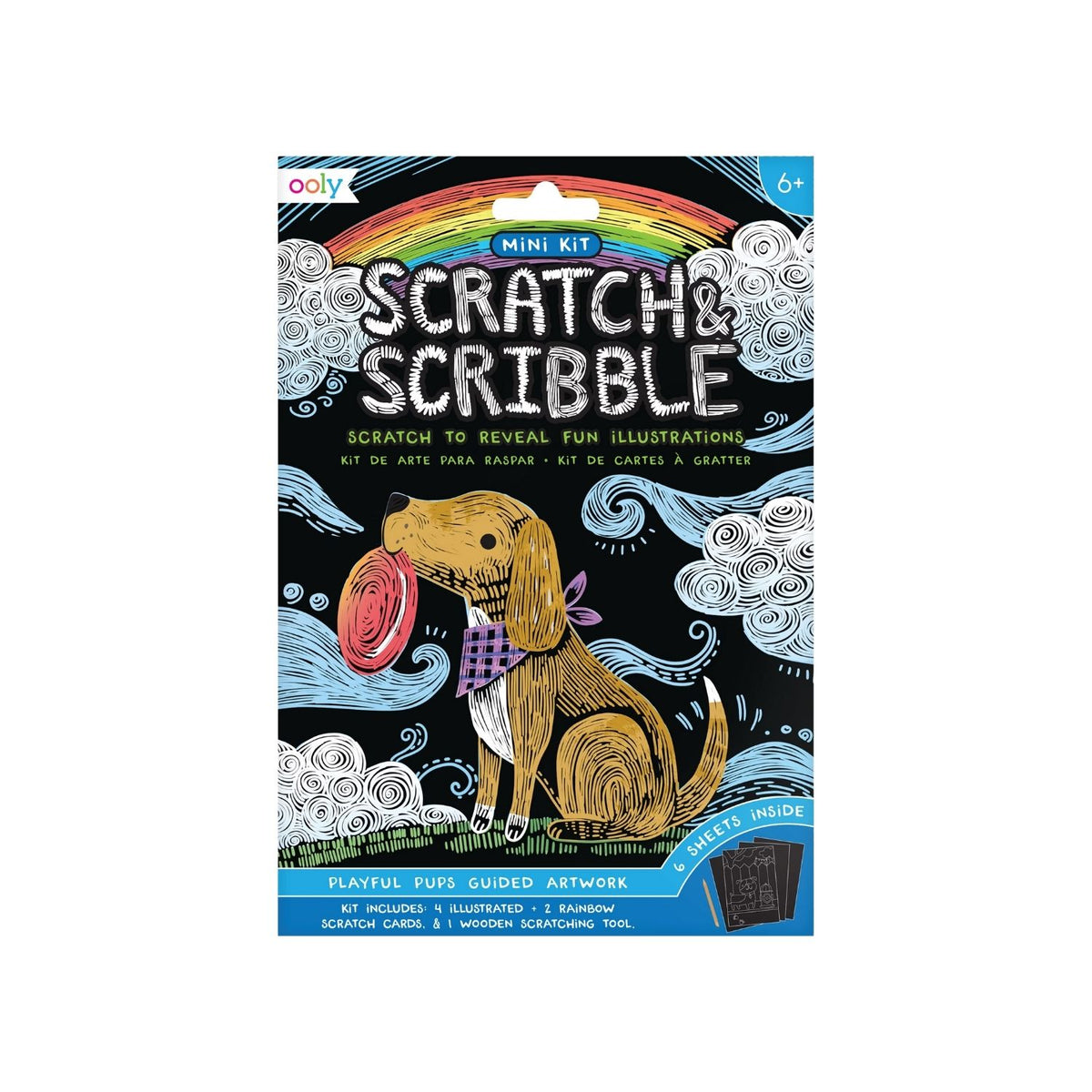 Packaging for a Mini Scratch &amp; Scribble Art Kit featuring playful puppies, including scratch cards and a wooden scratching tool.