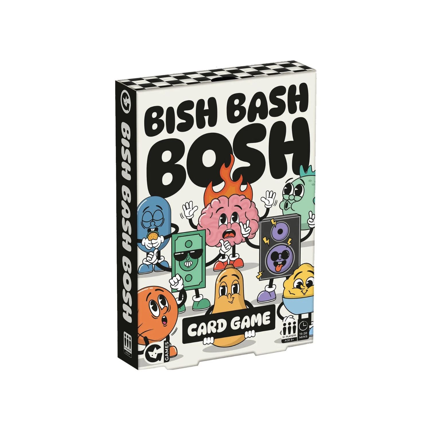 Card game box titled 'Bish Bash Bosh' with colorful character illustrations on a white background.