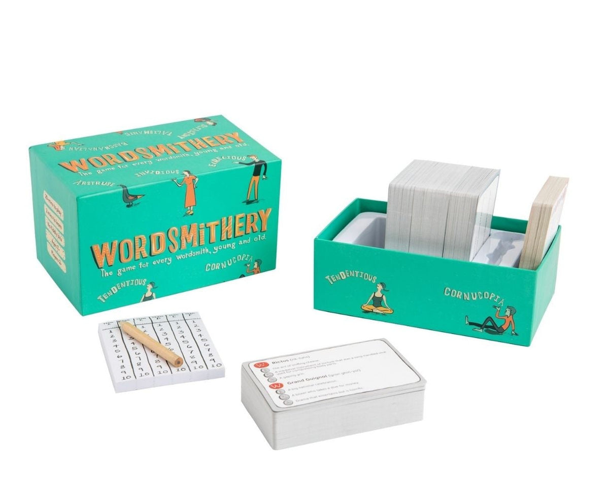 Wordsmithery game set with cards and packaging on a white background