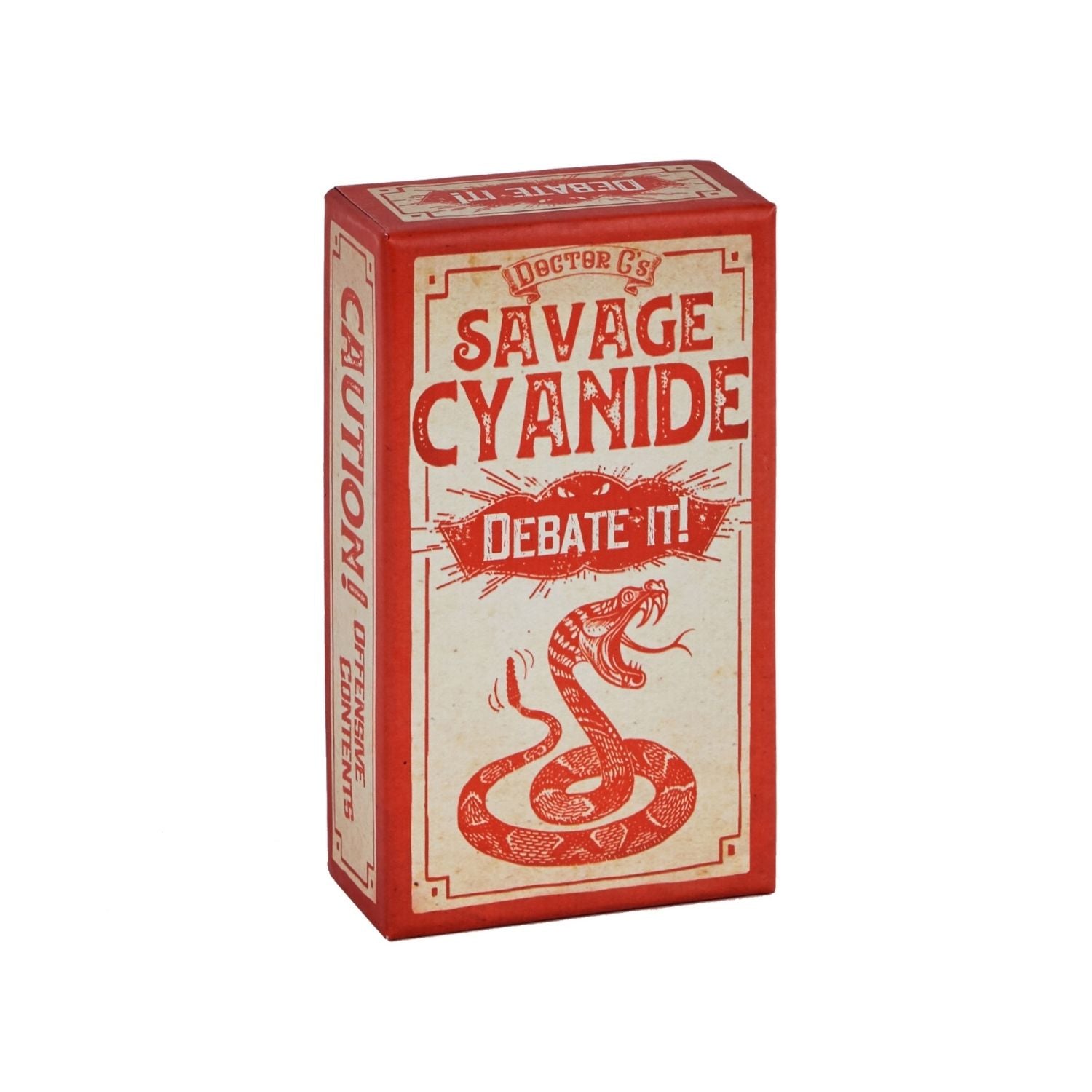 The image shows a red box of the board game 'Savage Cyanide - Debate It!' with a graphic of a snake on the front, and text that includes the game's title and the phrase 'CAUTION: This game contains explicit content'.