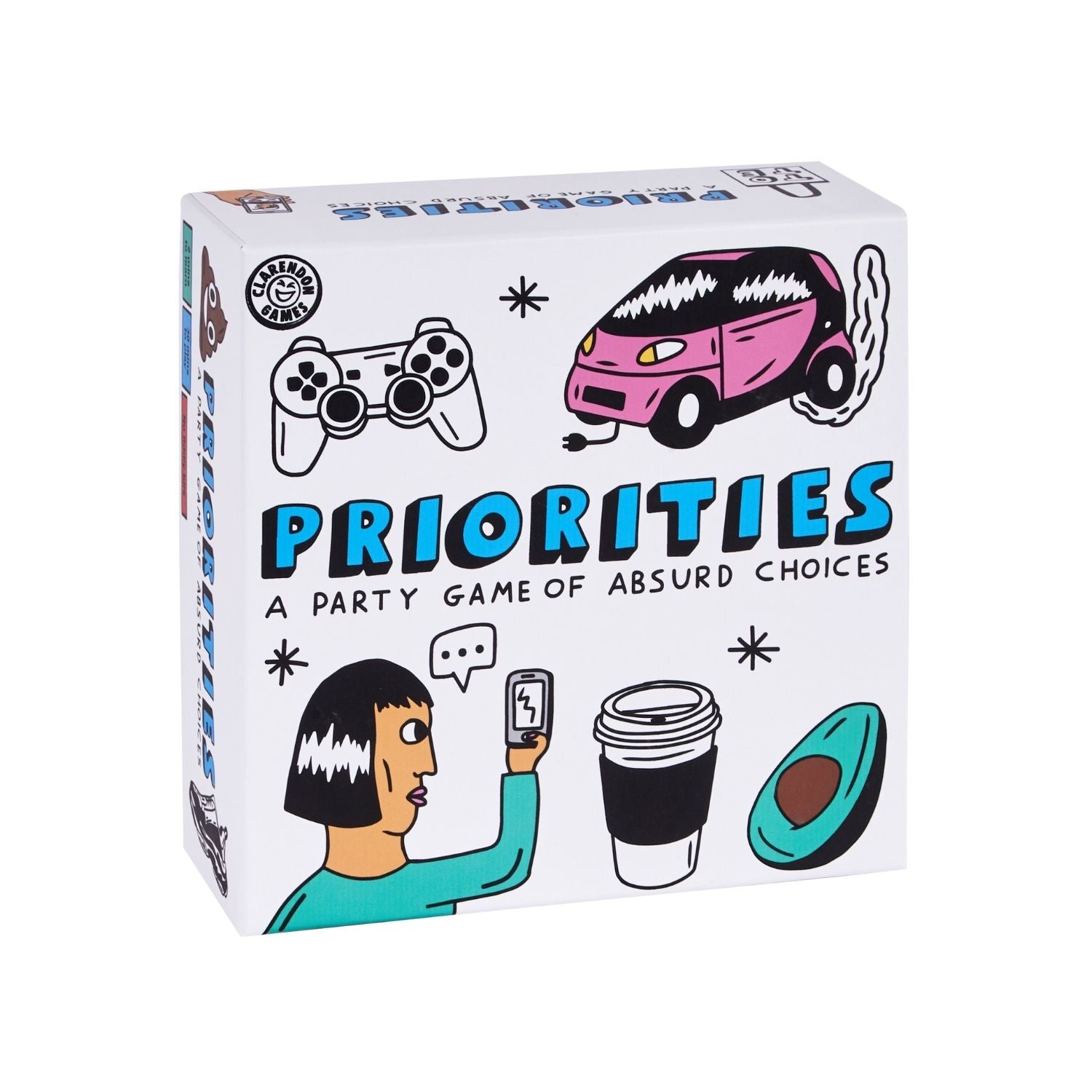 The image shows the box of the board game 'Priorities' with a colorful illustration of various items and scenarios related to prioritizing different things in life, such as a party game for absurd choices.