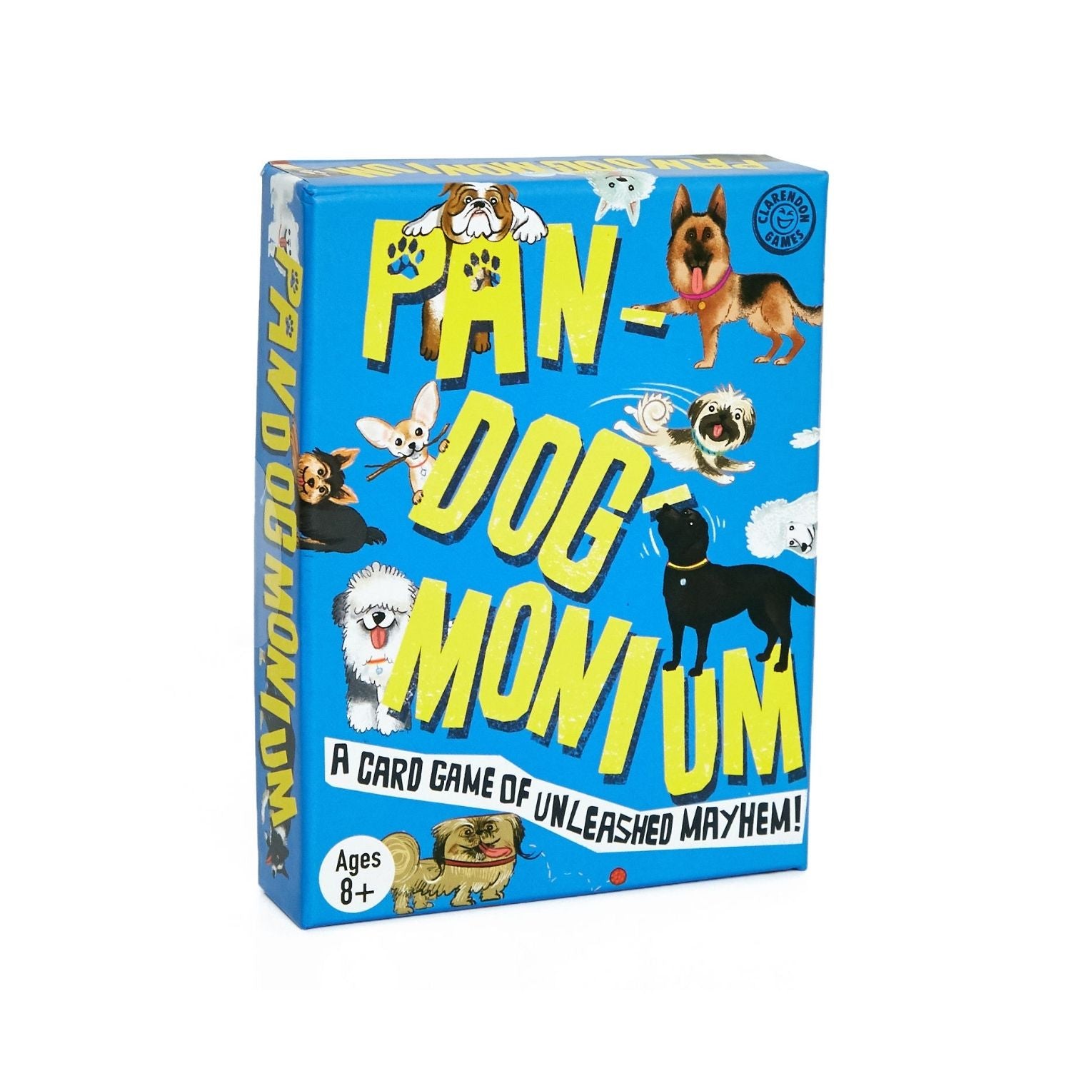 A boxed card game titled 'PanDogMonium' featuring colorful illustrations of dogs and dog toys on a blue background.