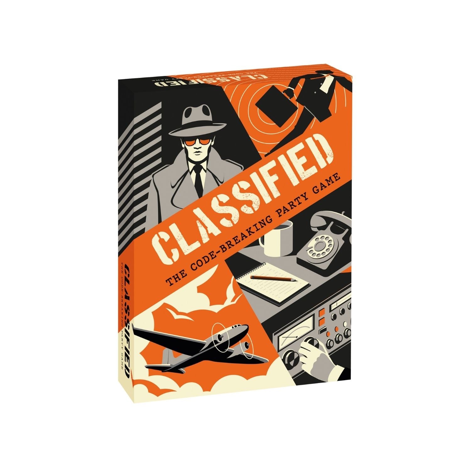 The image shows the box of the board game 'Classified', featuring a spy-themed graphic with an illustration of a man in a hat, a typewriter, and various code-breaking devices.