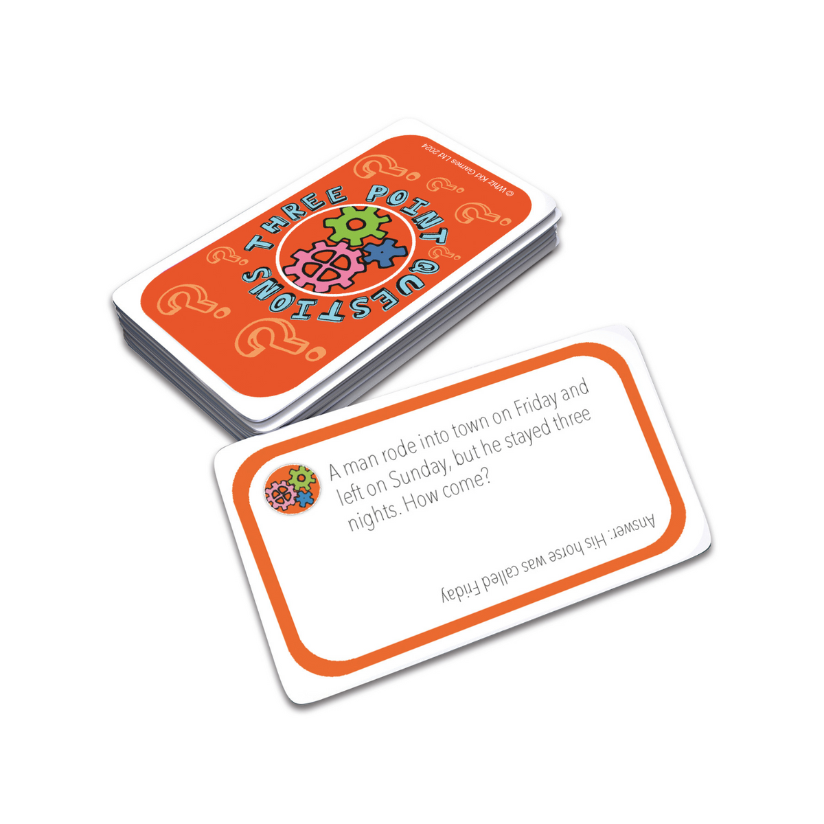 Card game titled &#39;Three Point Questions&#39; with a question card displayed on a white background