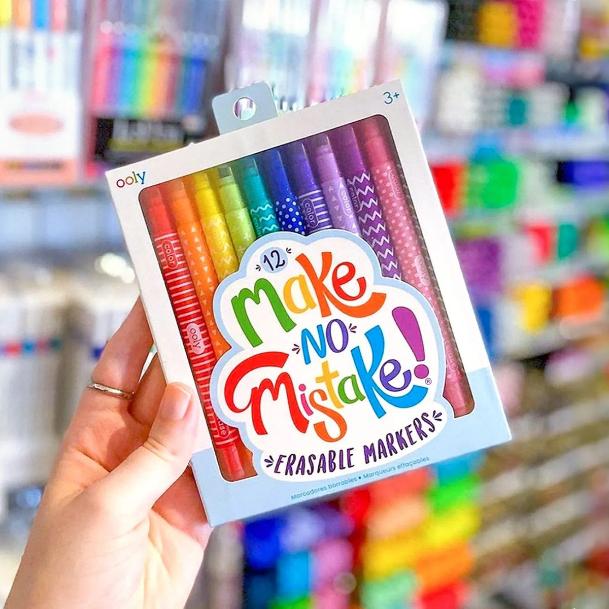 A pack of 12 &#39;Make No Mistake&#39; erasable markers by ooly, with markers displaying colorful patterns and the branding visible on the packaging.