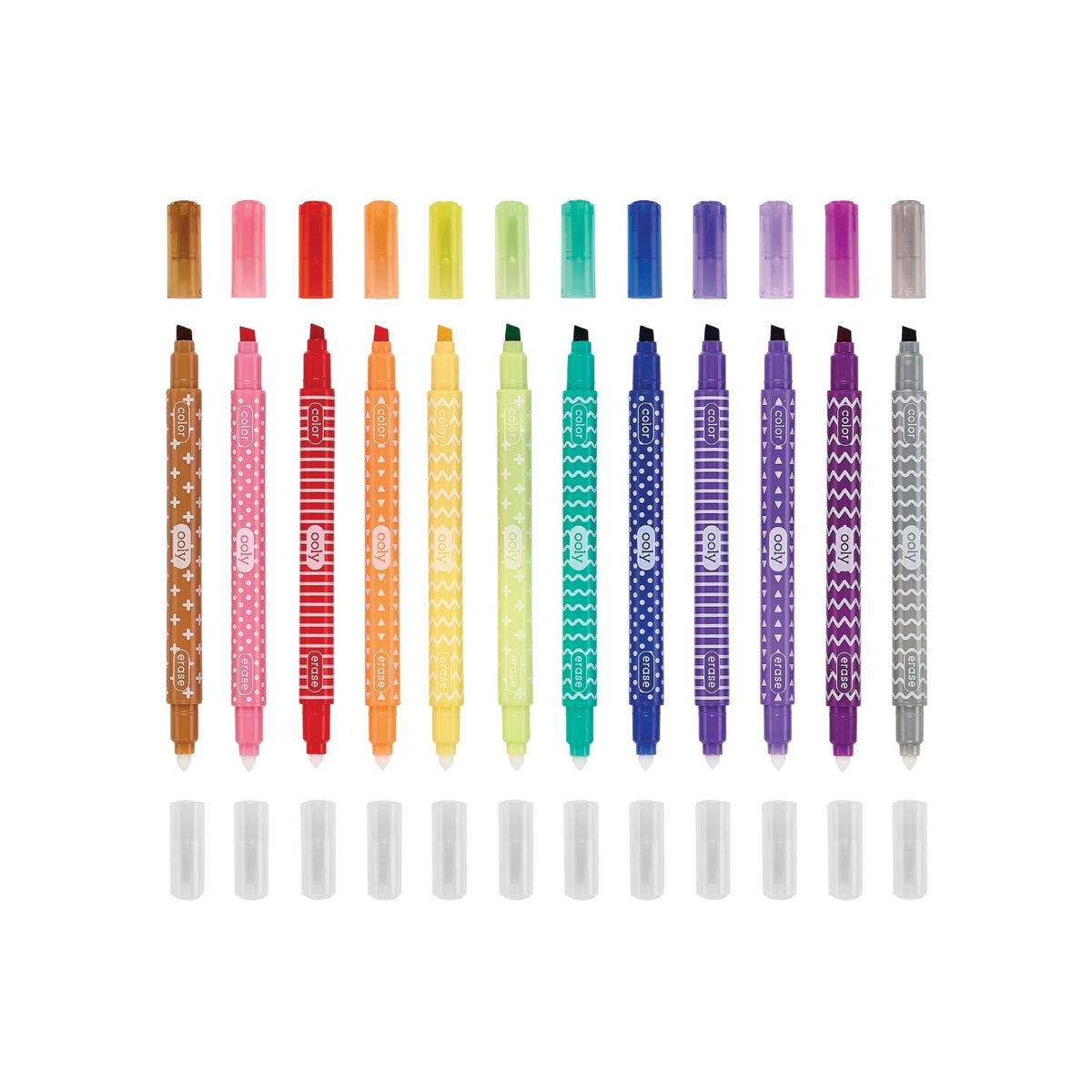 A pack of 12 &#39;Make No Mistake&#39; erasable markers by ooly, with markers displaying colorful patterns and the branding visible on the packaging.
