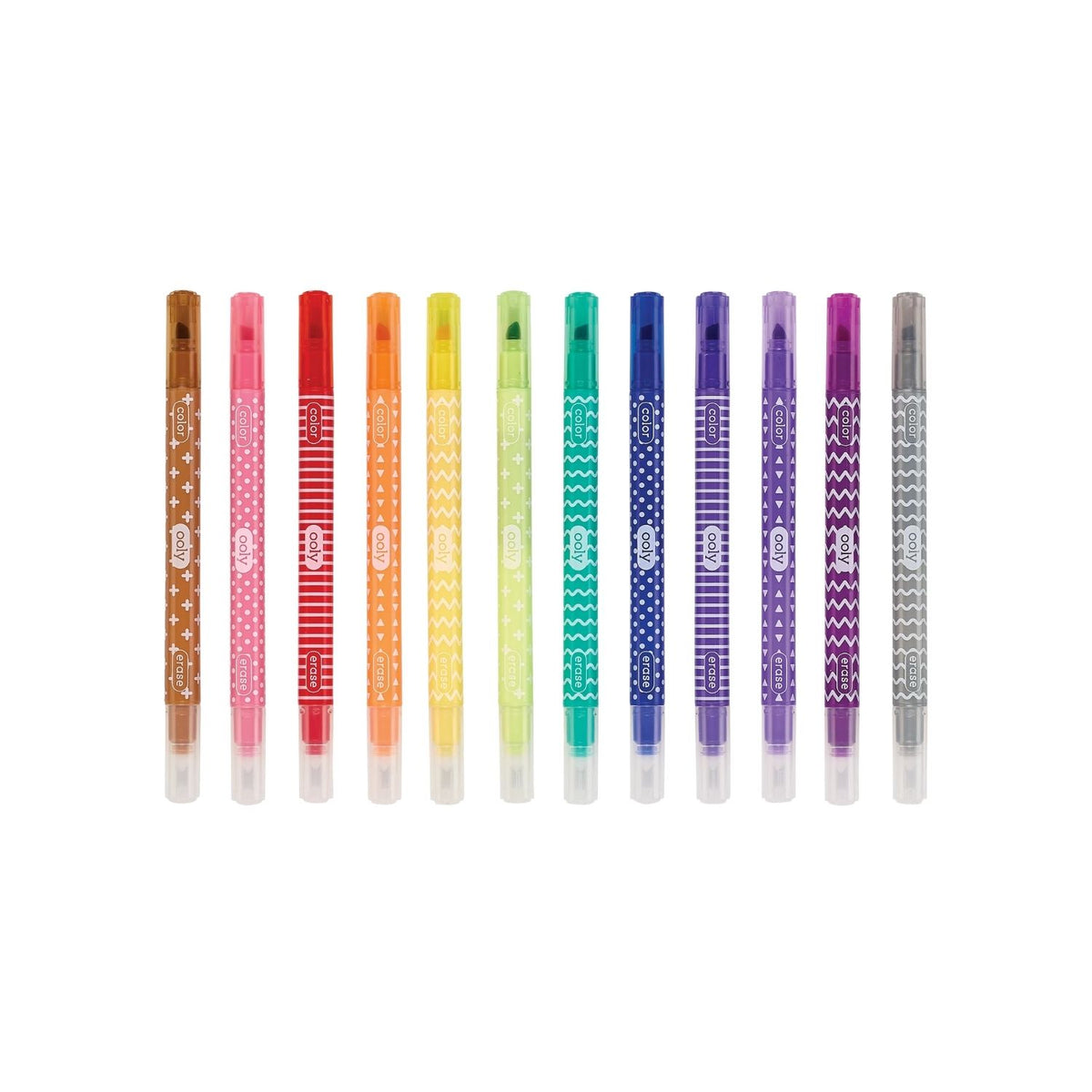 A pack of 12 &#39;Make No Mistake&#39; erasable markers by ooly, with markers displaying colorful patterns and the branding visible on the packaging.