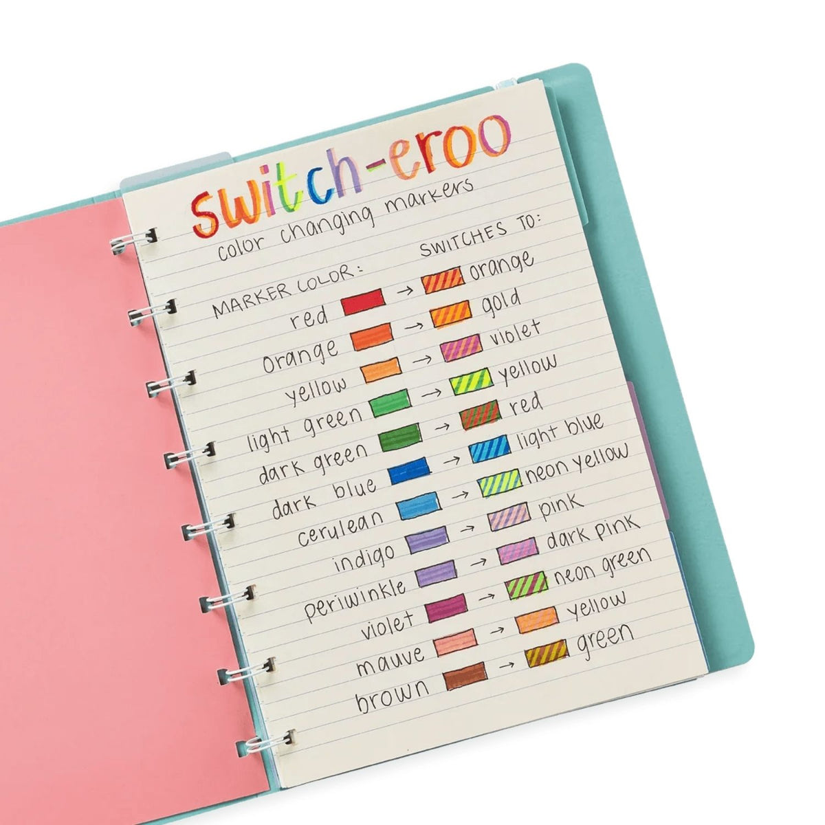 notes in notebook that are using Switcheroo color-changing markers with chiseled tips