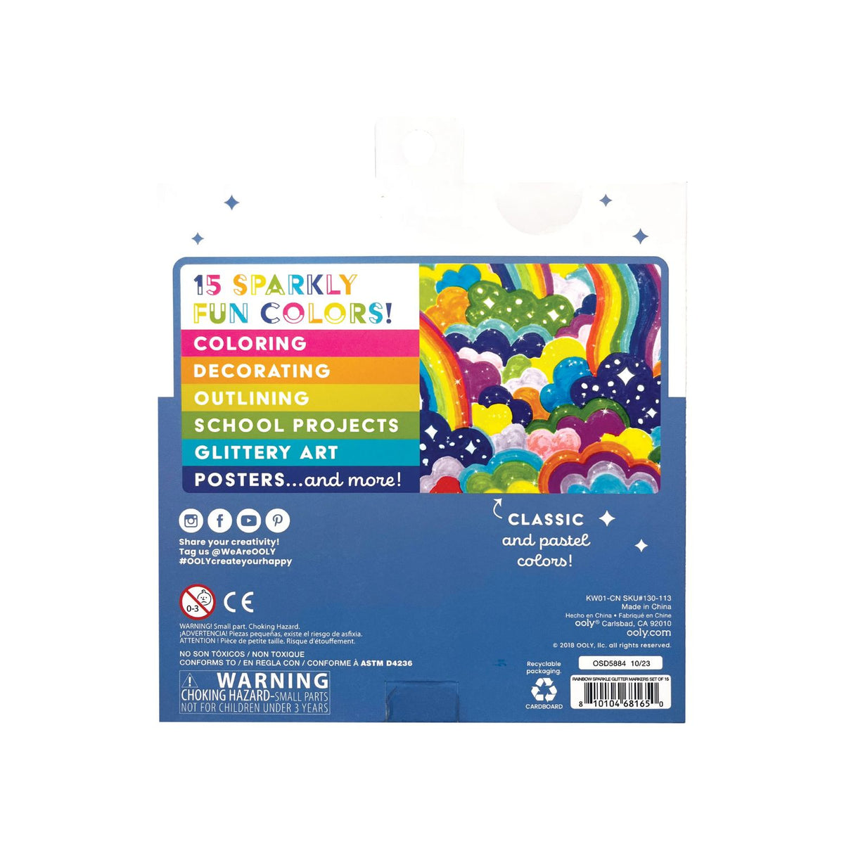 A set of 15 rainbow sparkle glitter markers in various colors, with branding and product information displayed on the packaging.