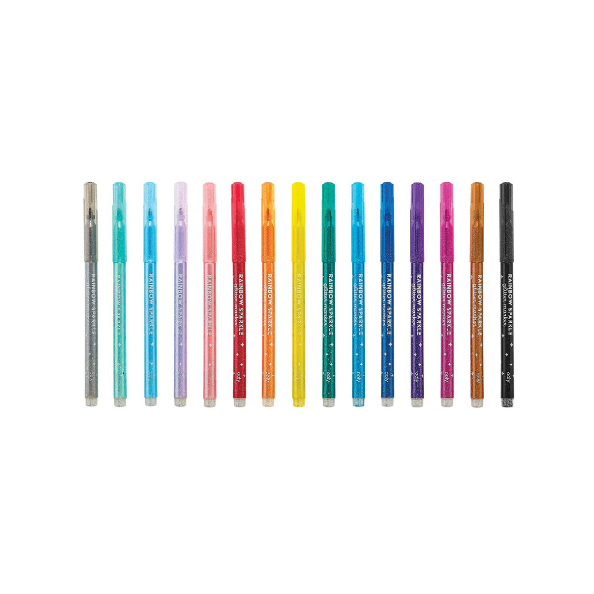 A set of 15 rainbow sparkle glitter markers in various colors, with branding and product information displayed on the packaging.