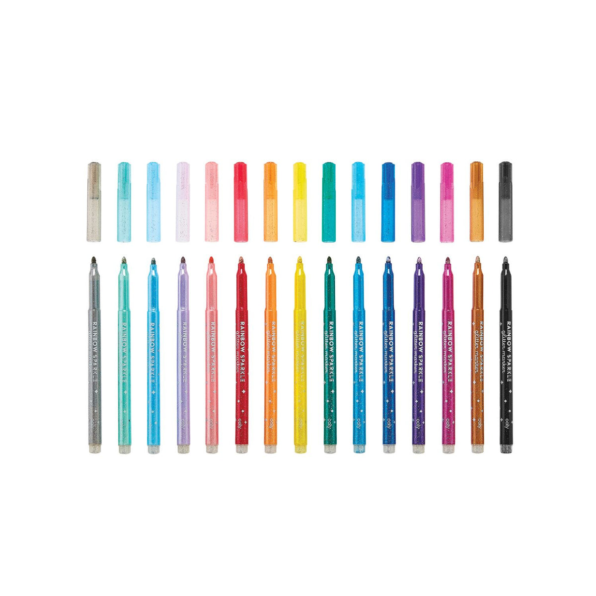 A set of 15 rainbow sparkle glitter markers in various colors, with branding and product information displayed on the packaging.