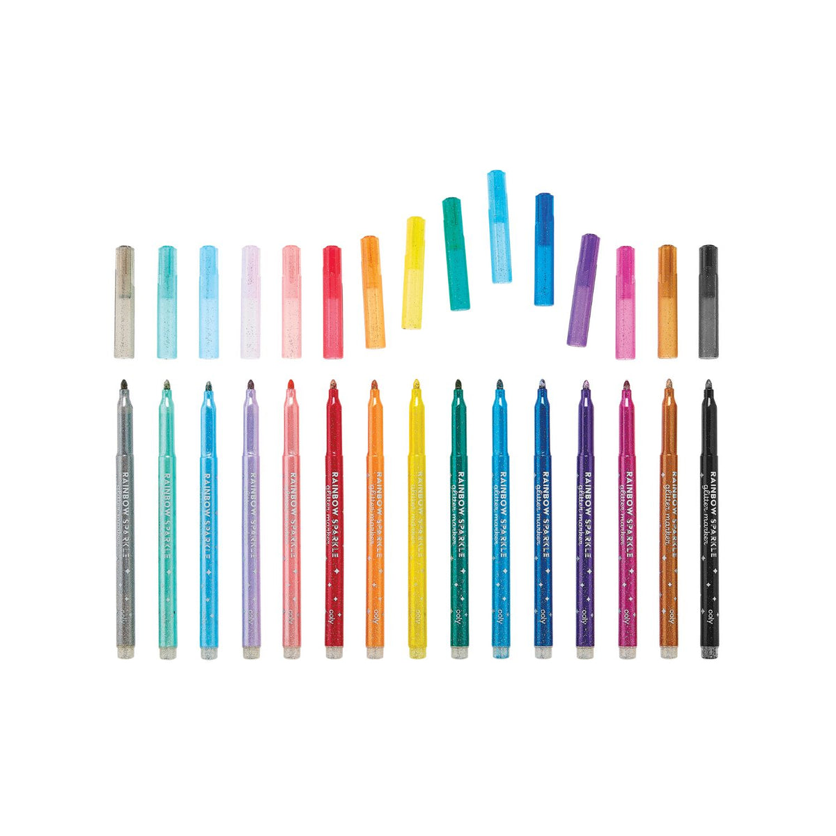 A set of 15 rainbow sparkle glitter markers in various colors, with branding and product information displayed on the packaging.