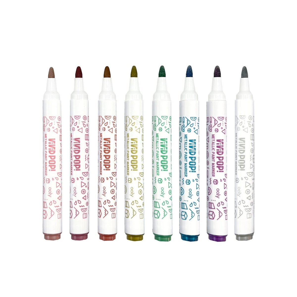 Packaging for Vivid Pop! Water Based Paint Markers Metallic, displaying 8 markers with metallic colors, designed for use on various surfaces.