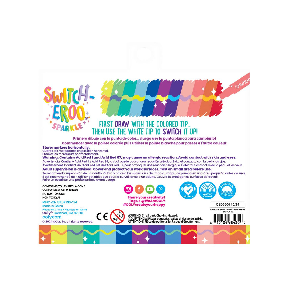 A pack of Ooly Switch-eroo Sparkle Glittery Color-Changing Markers, featuring 12 markers with rainbow colors on one end and a multicolor tip on the other, packaged in a clear box with a multicolored design.