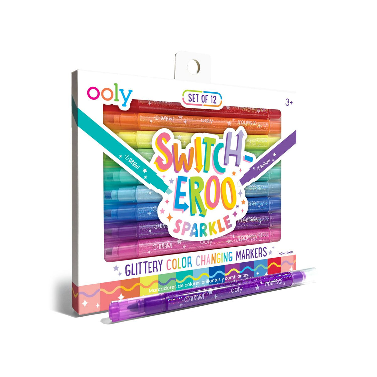 A pack of Ooly Switch-eroo Sparkle Glittery Color-Changing Markers, featuring 12 markers with rainbow colors on one end and a multicolor tip on the other, packaged in a clear box with a multicolored design.