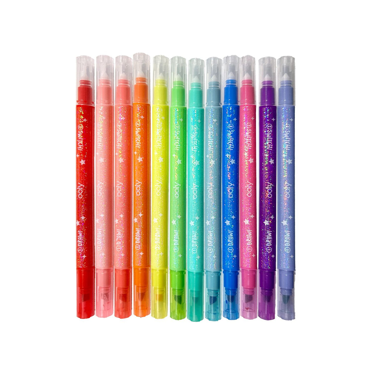 A pack of Ooly Switch-eroo Sparkle Glittery Color-Changing Markers, featuring 12 markers with rainbow colors on one end and a multicolor tip on the other, packaged in a clear box with a multicolored design.