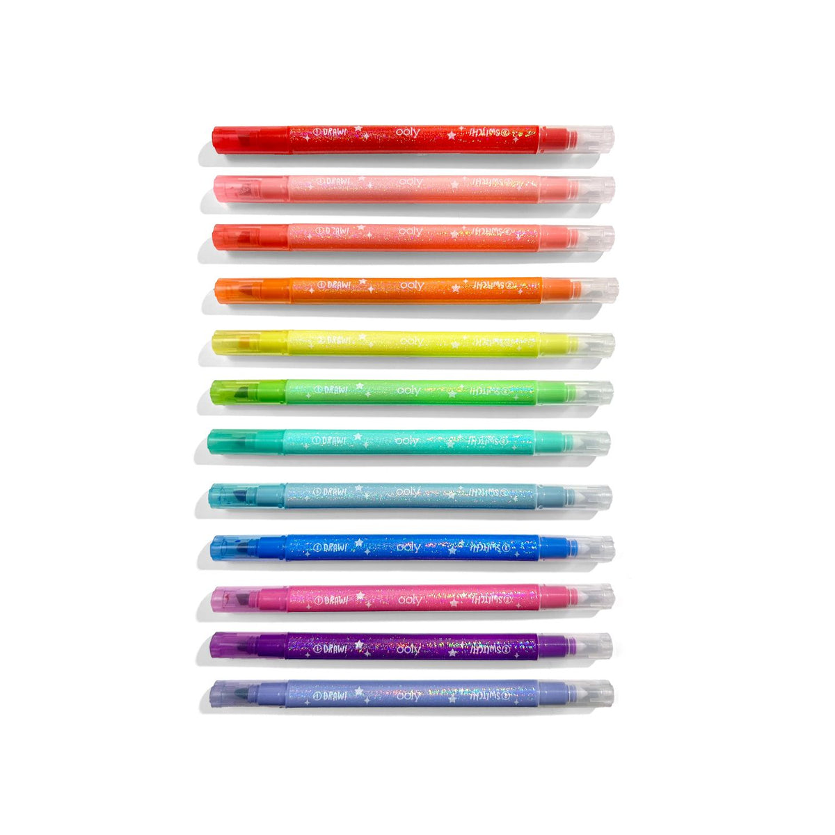A pack of Ooly Switch-eroo Sparkle Glittery Color-Changing Markers, featuring 12 markers with rainbow colors on one end and a multicolor tip on the other, packaged in a clear box with a multicolored design.