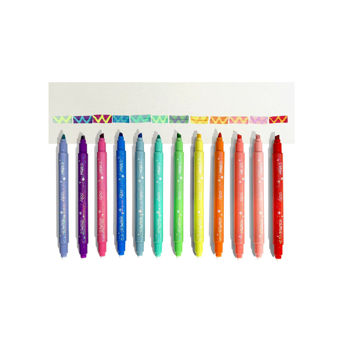 A pack of Ooly Switch-eroo Sparkle Glittery Color-Changing Markers, featuring 12 markers with rainbow colors on one end and a multicolor tip on the other, packaged in a clear box with a multicolored design.