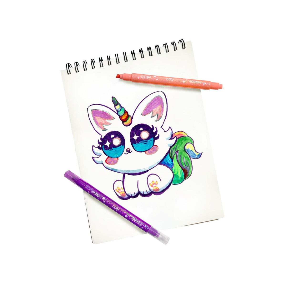 drawing of cat on paper using Ooly Switch-eroo Sparkle Glittery Color-Changing Markers, featuring 12 markers with rainbow colors on one end and a multicolor tip on the other