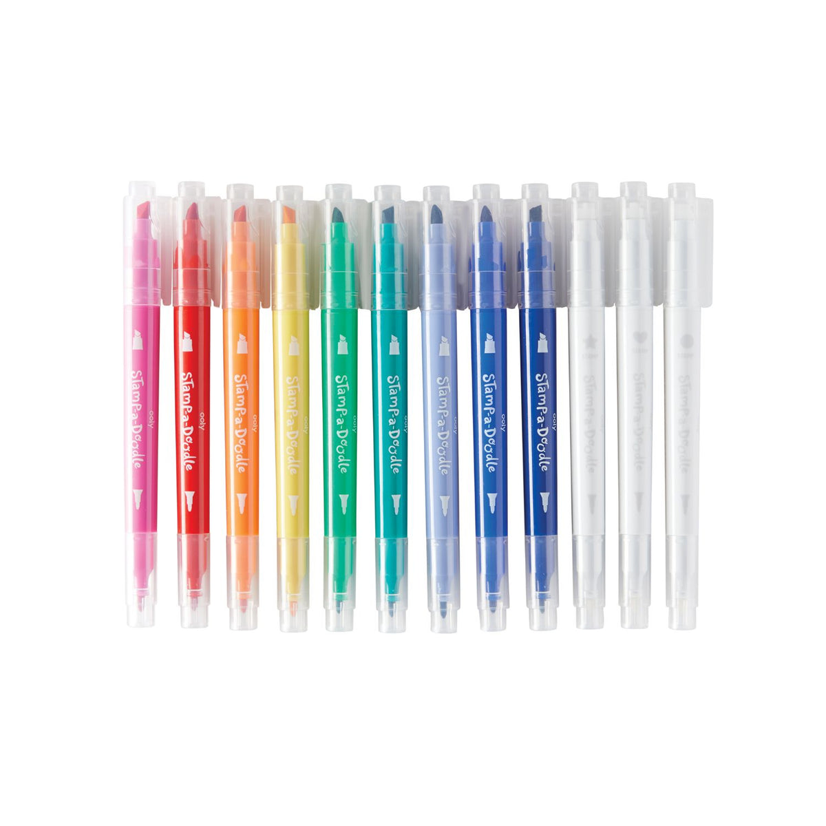 A pack of Stamp-a-Doodle double-ended markers with chisel and precision tips, including three color-changing stamp markers with heart, circle, and star designs.