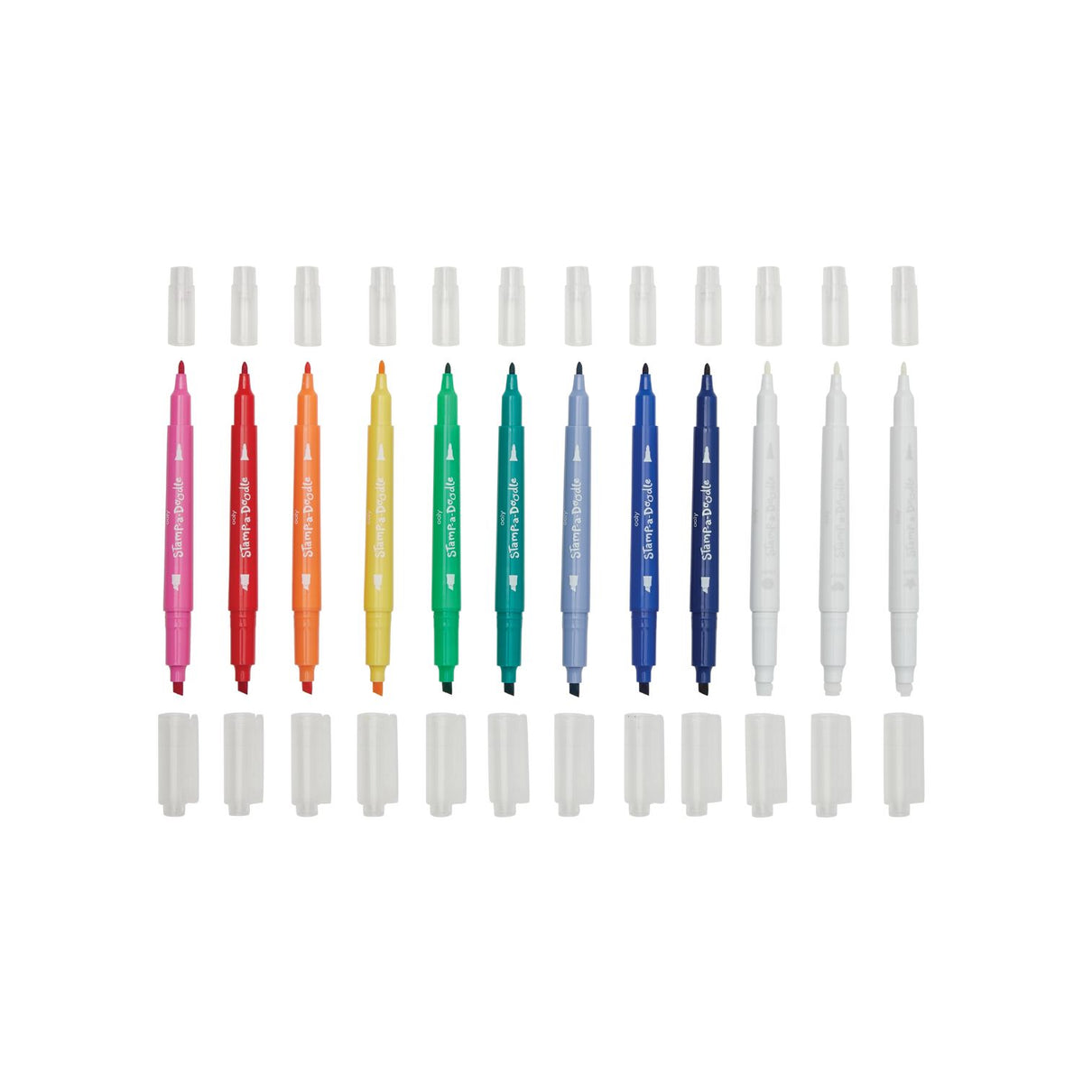 A pack of Stamp-a-Doodle double-ended markers with chisel and precision tips, including three color-changing stamp markers with heart, circle, and star designs.
