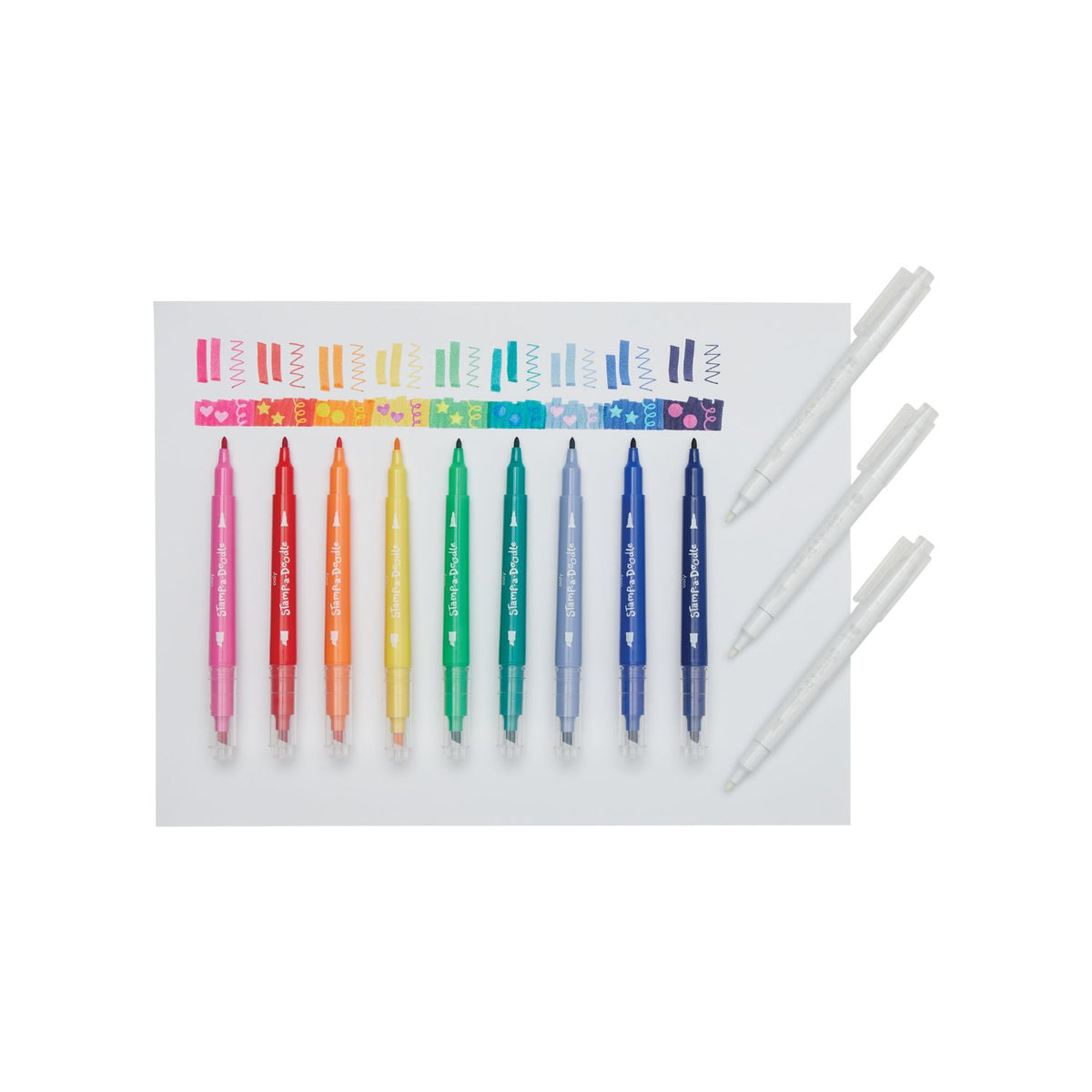 A pack of Stamp-a-Doodle double-ended markers with chisel and precision tips, including three color-changing stamp markers with heart, circle, and star designs.