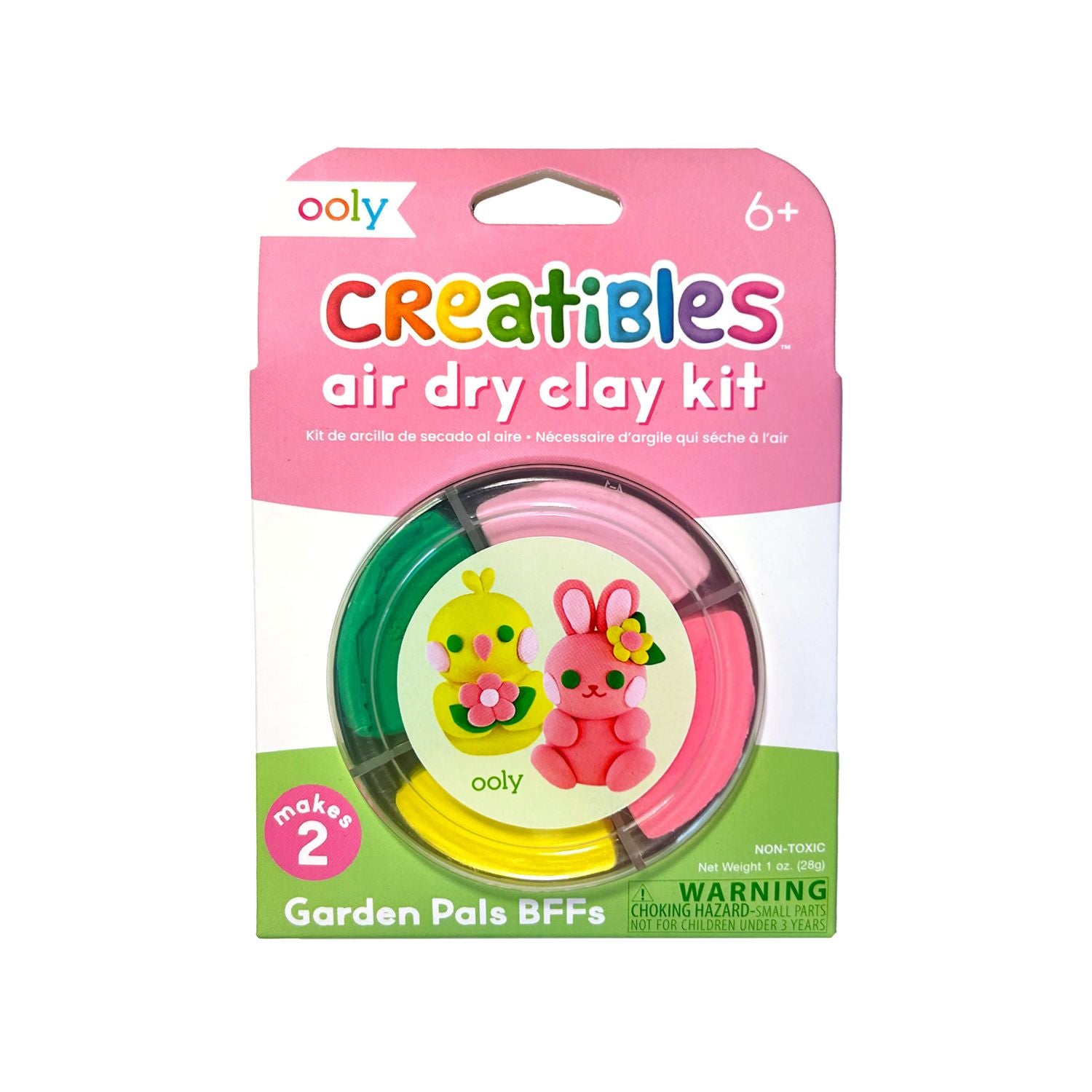 Packaging of Creatibles Air Dry Clay Kit with illustrations of a bunny and a chick on the front, along with the text 'Garden Pals BFFs' and 'ages 6+'.