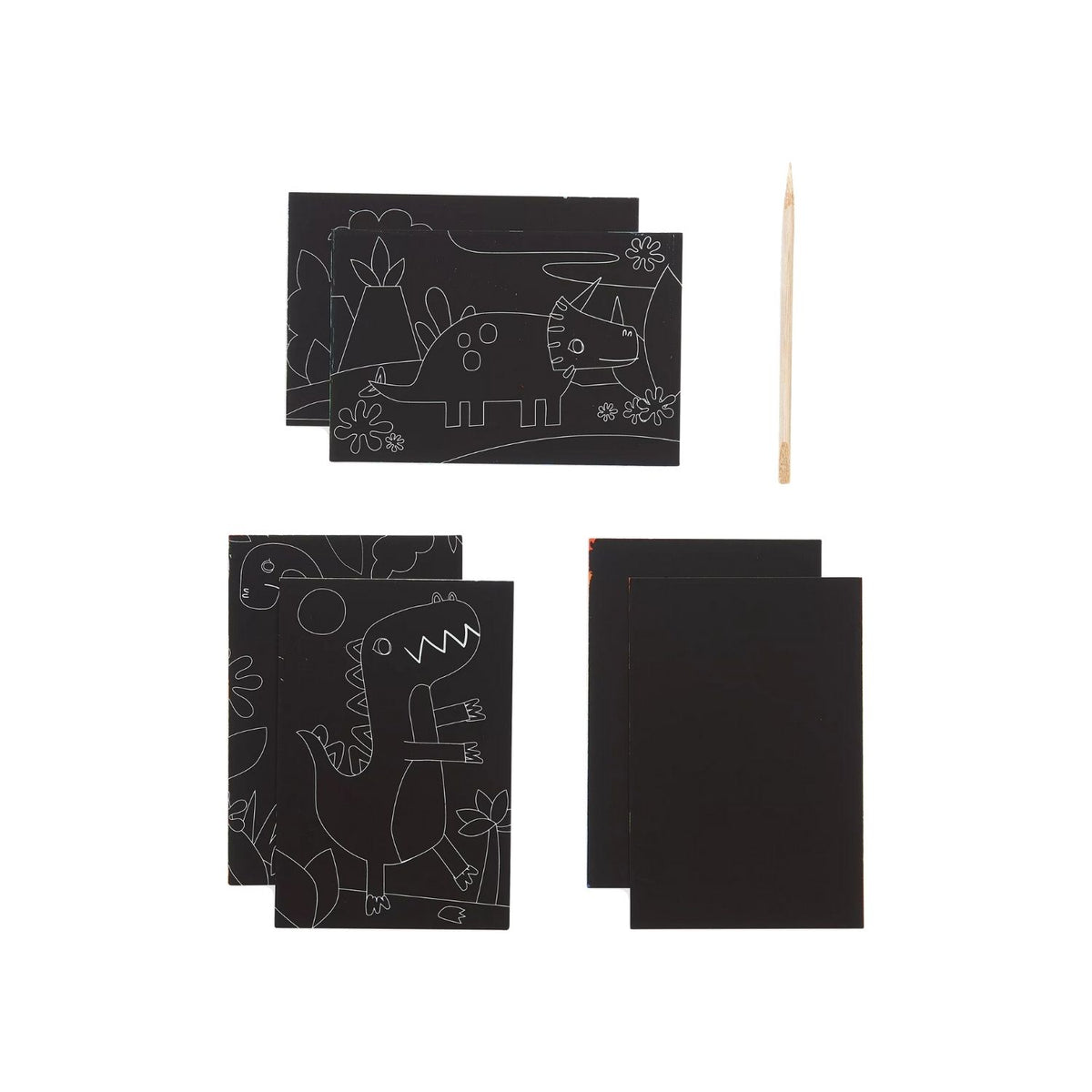Packaging for Mini Scratch &amp; Scribble Art Kit with illustrations of colorful dinosaurs and scratch-off areas.