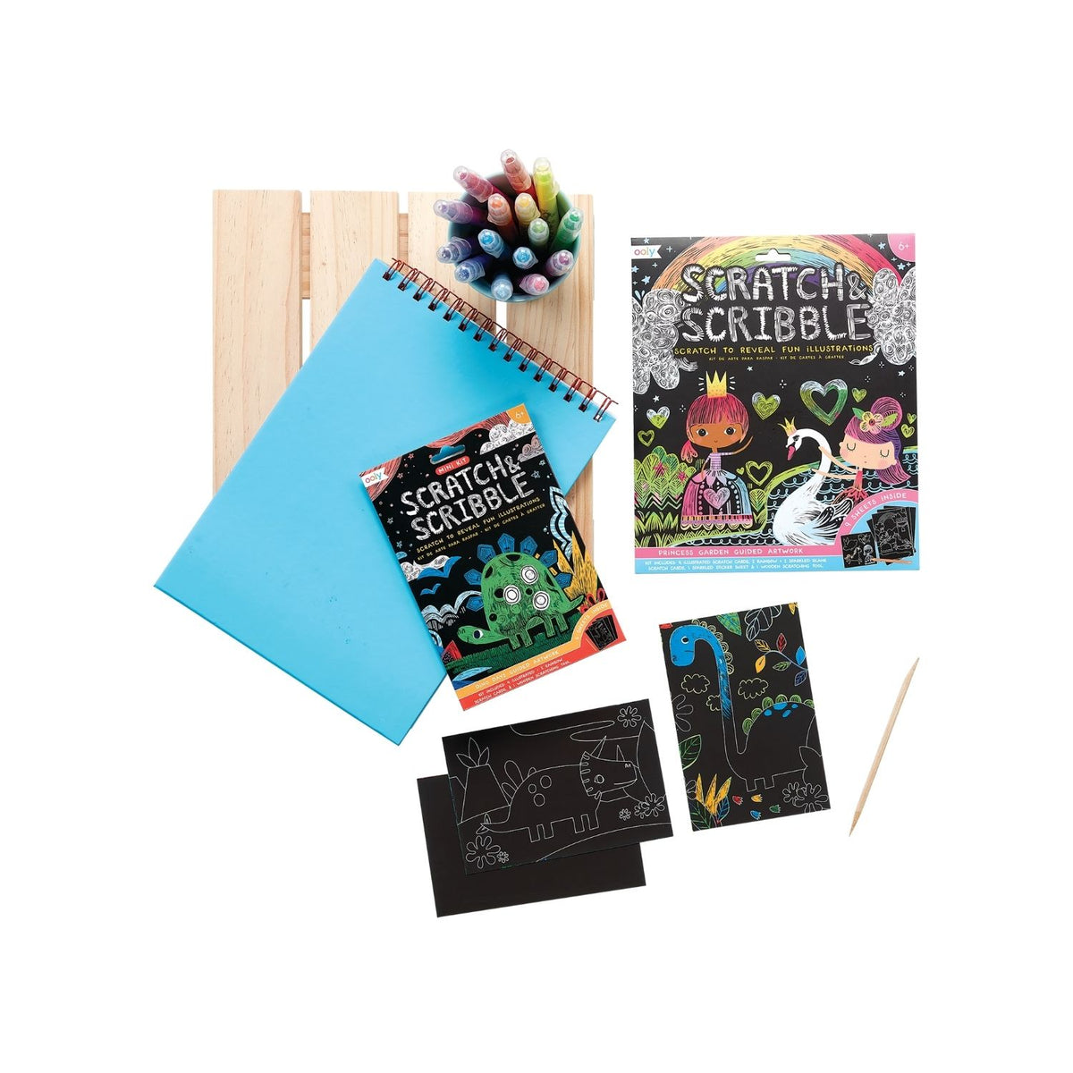 Packaging for Mini Scratch &amp; Scribble Art Kit with illustrations of colorful dinosaurs and scratch-off areas.