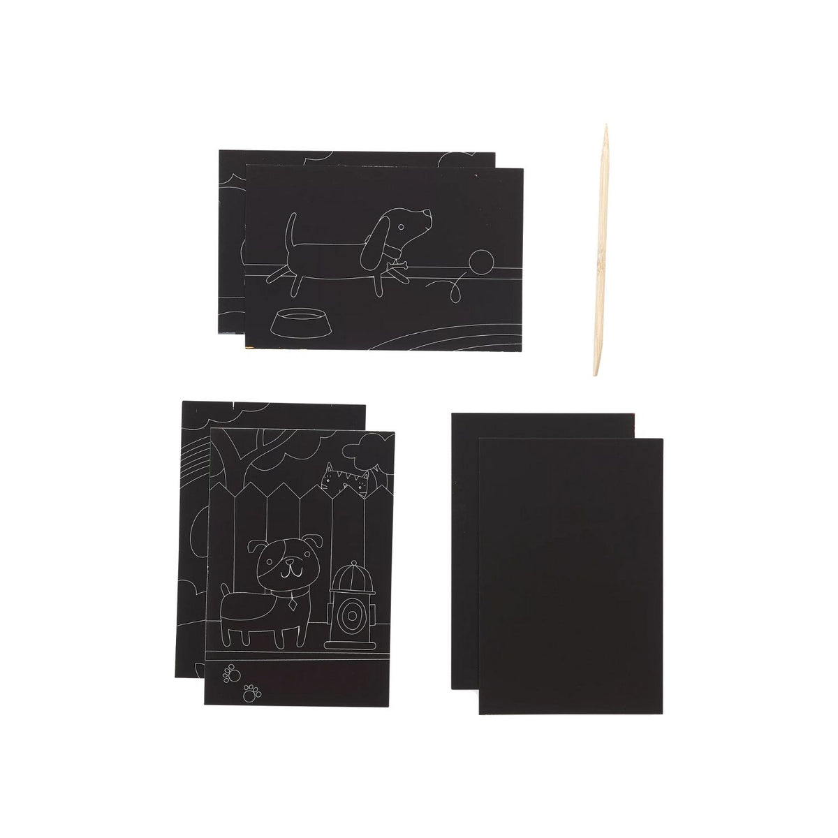 Contents of Mini Scratch &amp; Scribble Art Kit featuring playful puppies, including scratch cards and a wooden scratching tool.