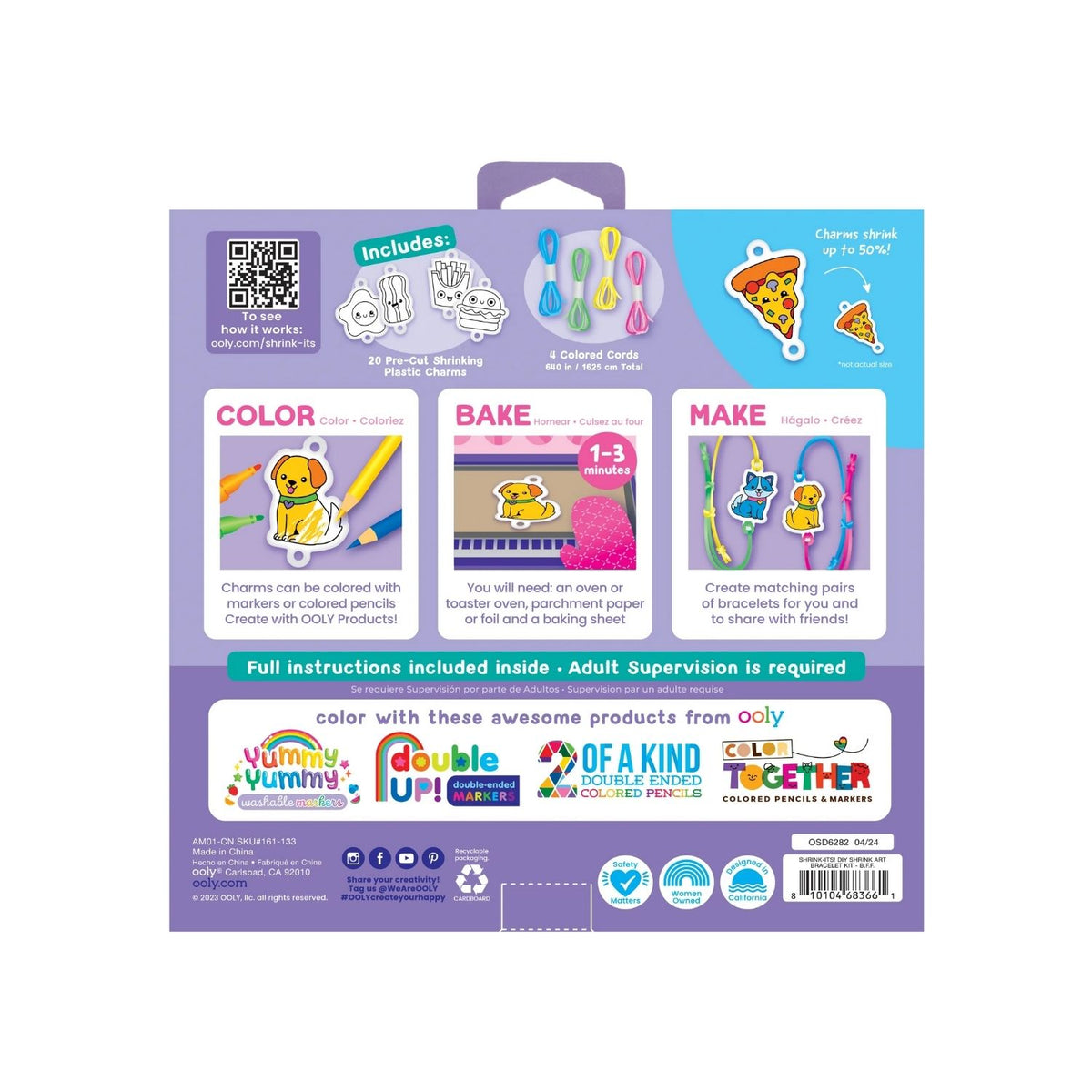 Packaging for &#39;Shrink-Its! DIY Shrink Art Bracelet Kit&#39; featuring illustrations of colored charms and hands creating bracelets, with product information and branding.