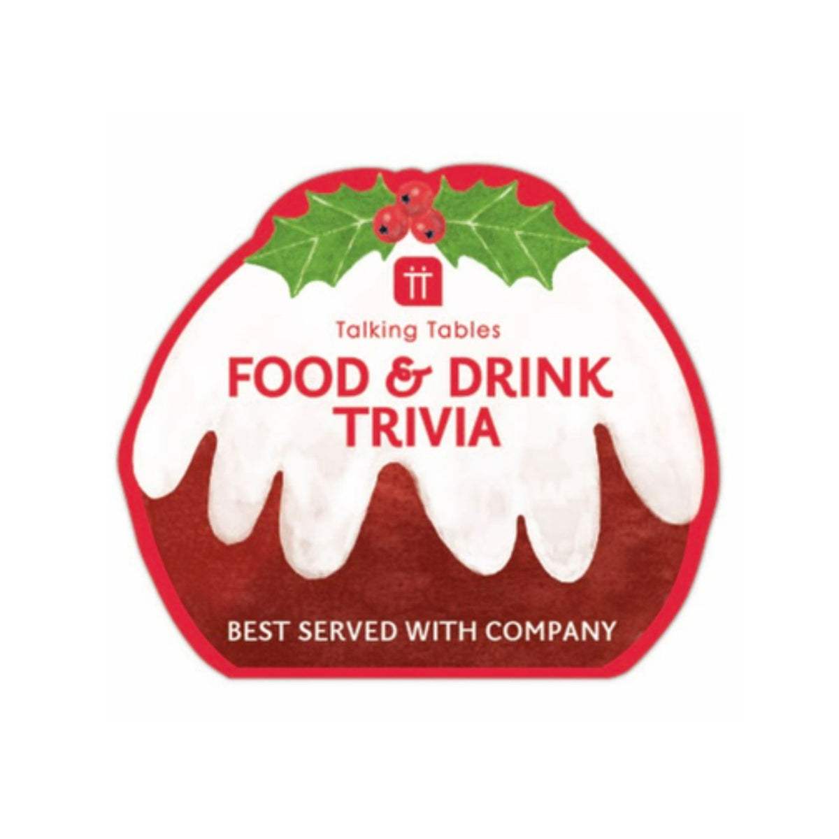 Product packaging for Talking Tables Food & Drink Trivia with a Christmas pudding design on a white background.