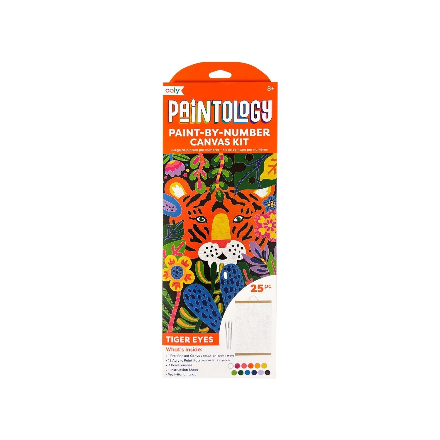 A Paintology Paint-By-Number Canvas Kit - Tiger Eyes, featuring a colorful design with a tiger and various eyes, packaged in an orange box.