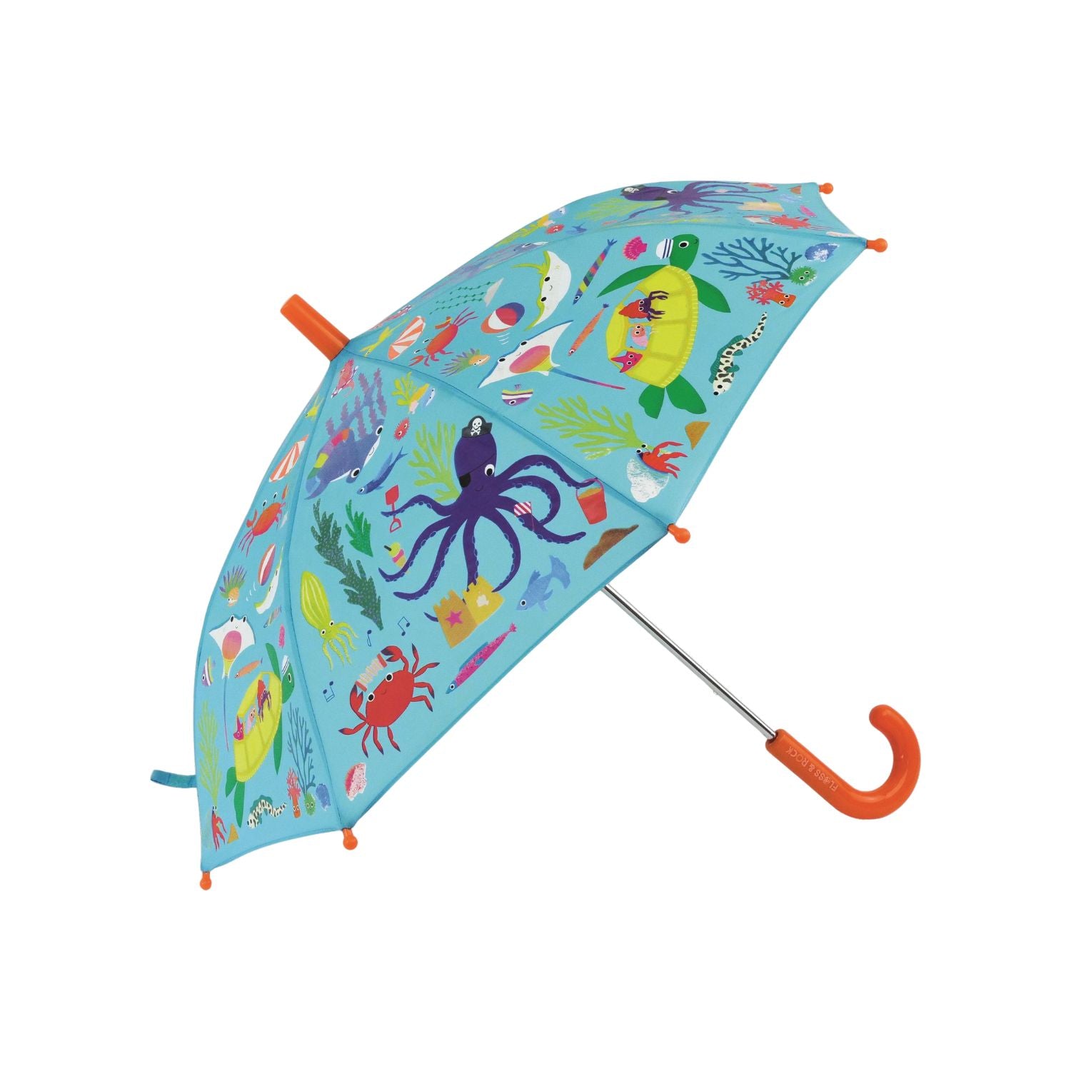 A colour changing umbrella with a pattern of sea creatures including an octopus, turtle, and sharks displayed on a blue background.