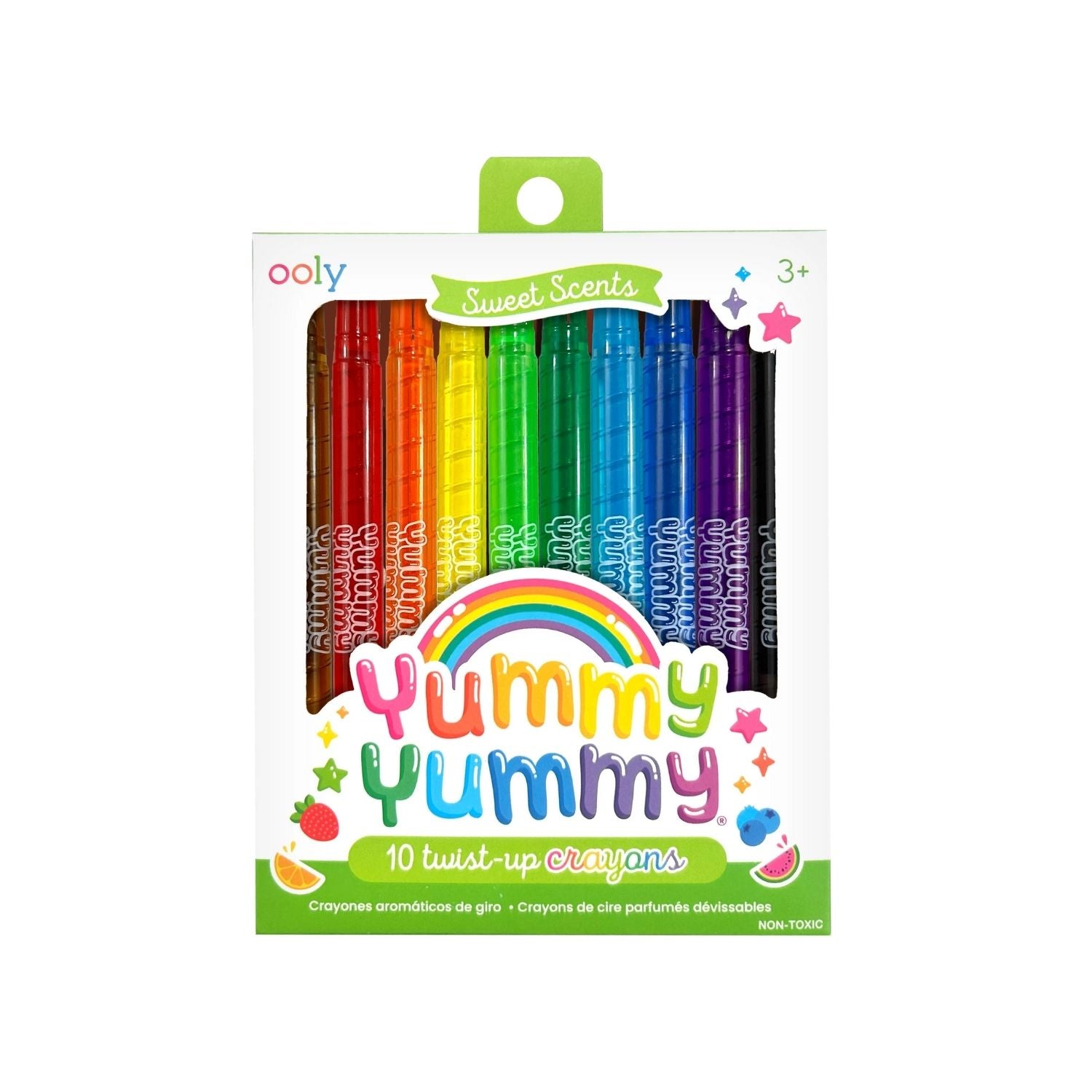 Packaging of 'Yummy Yummy' scented twist-up crayons showing 10 colorful crayons in a rainbow arrangement with the brand name 'ooly' visible at the top.