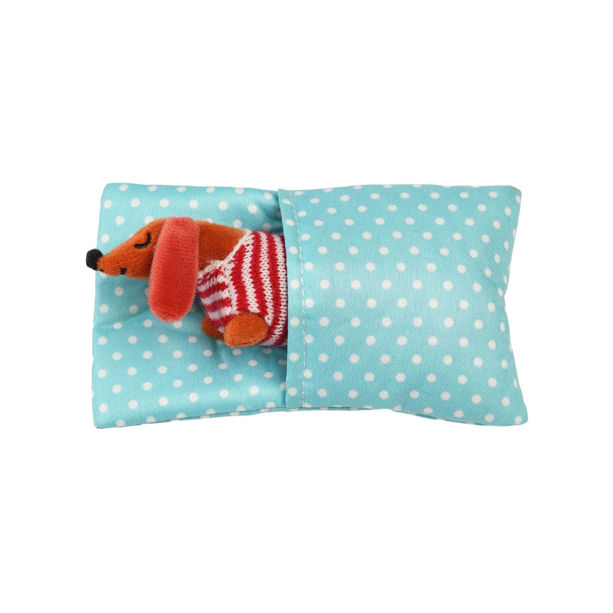 Plush dog toy in a polka dot bag on a white background