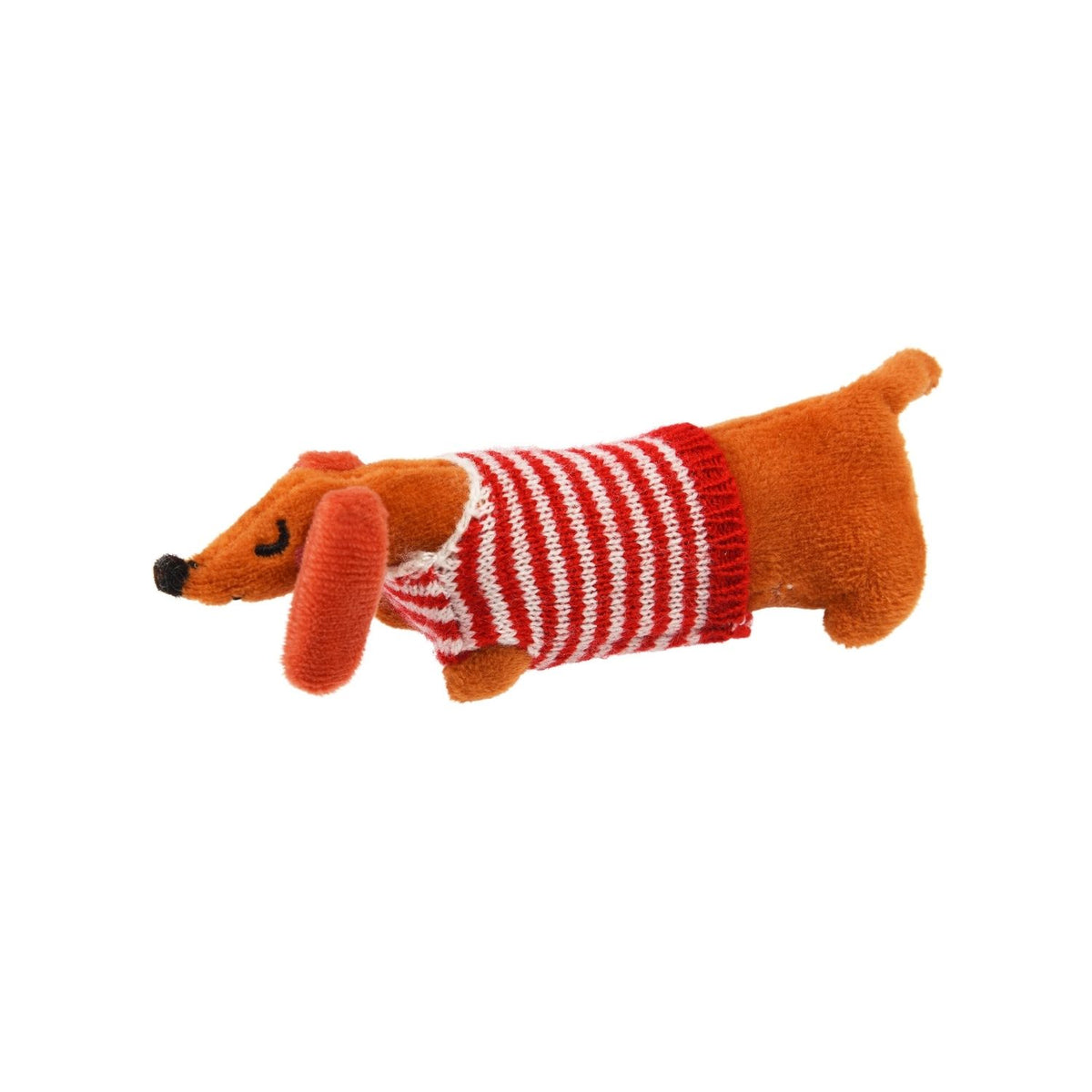 Knitted dog toy resembling a dachshund in a red and white sweater on a white background