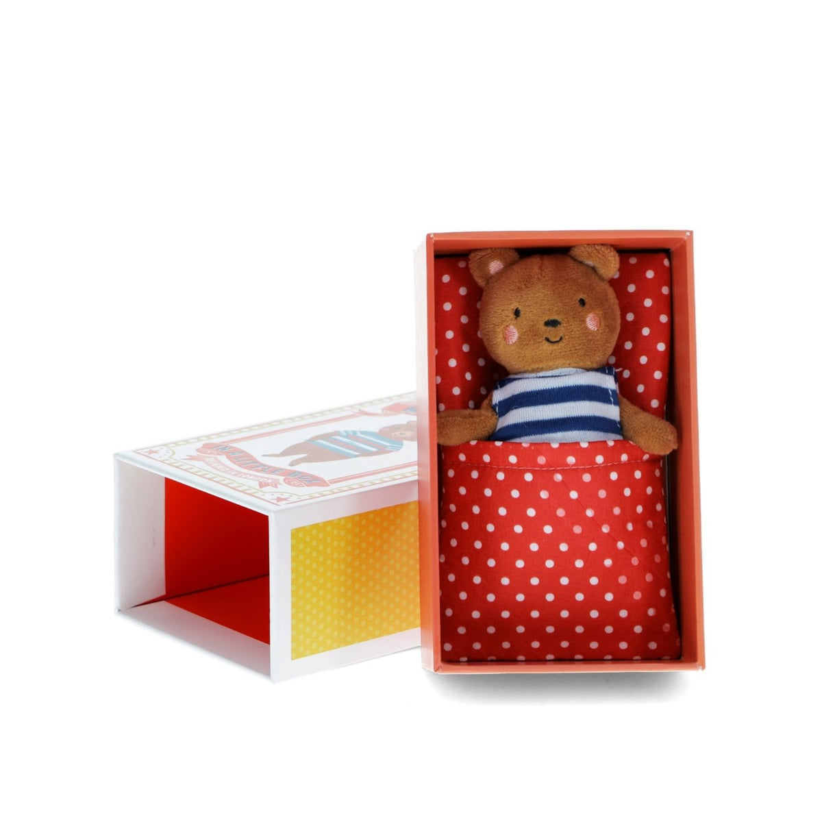 Stuffed teddy bear in a red polka dot box with a white lid