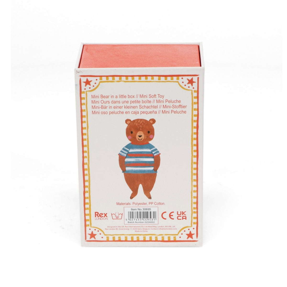 Box packaging of a teddy bear soft toy with branding and product details.