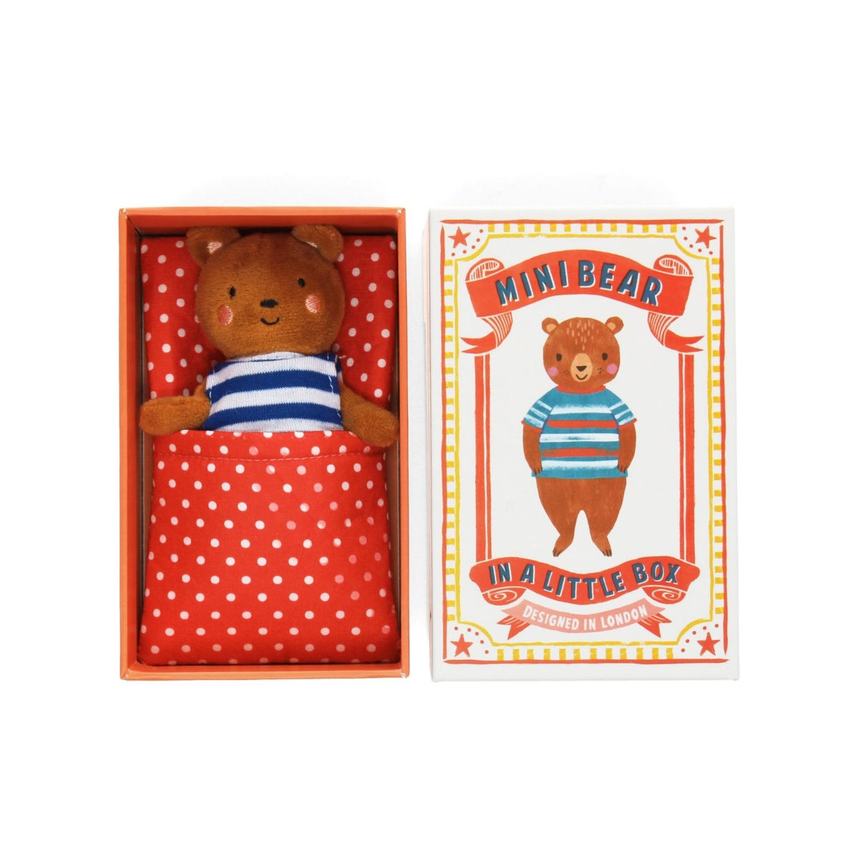 Stuffed bear toy in a red polka dot box with matching packaging on a white background