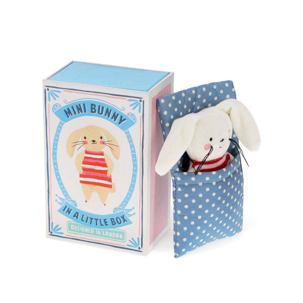Plush bunny in a blue polka dot box with packaging labeled &#39;Mini Bunny in a Little Box&#39;.