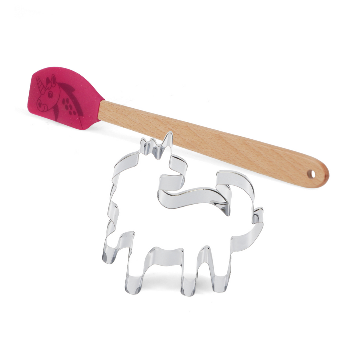 Unicorn-shaped cookie cutter with a pink spatula on a white background
