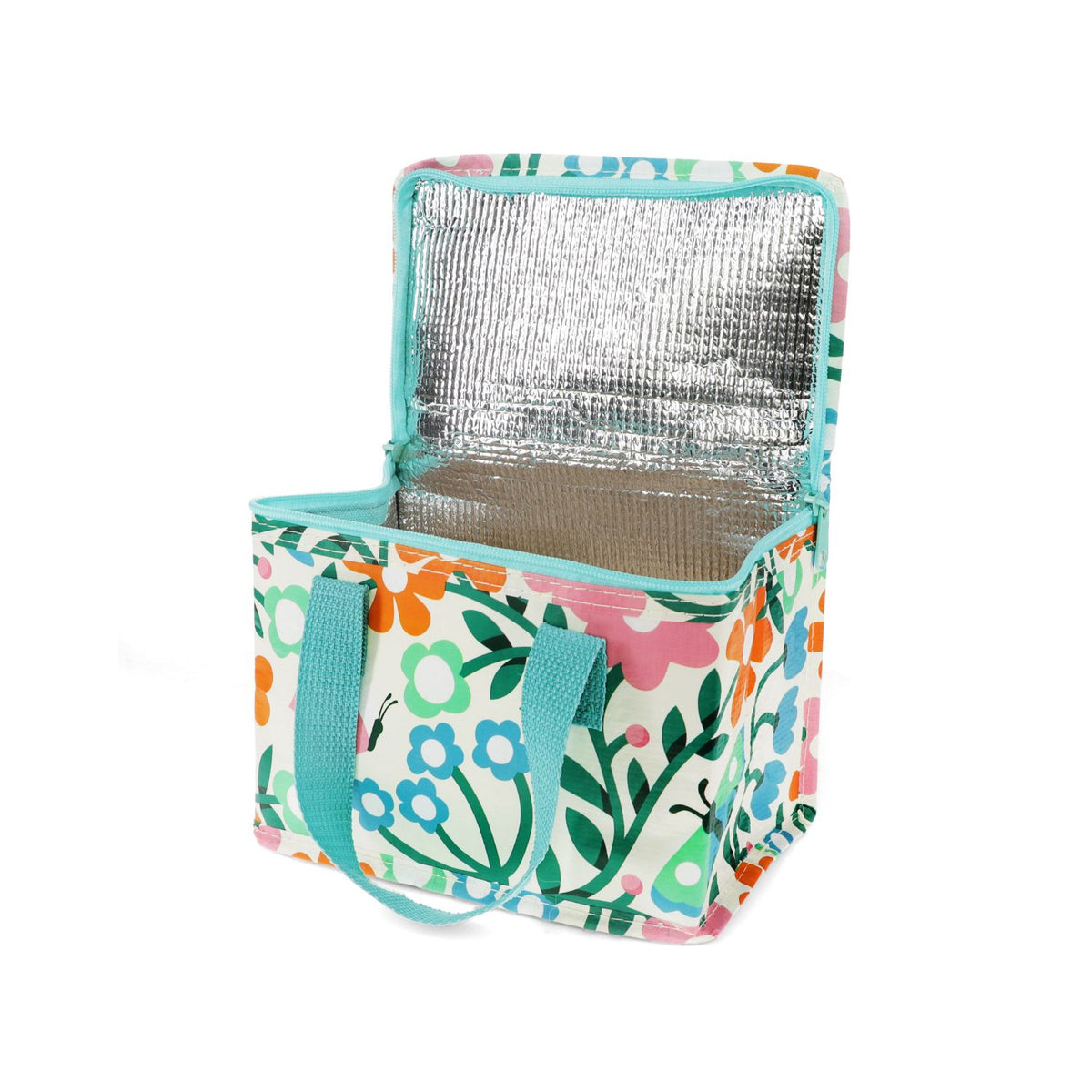 Off-white floral lunch bag featuring a butterfly design. The foil-lined interior and recycled material make it a sustainable choice for school or trips.