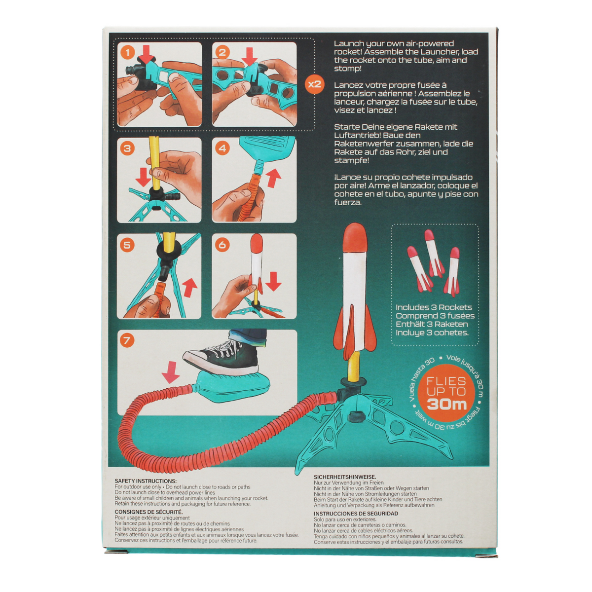 Toy rocket kit packaging with assembly instructions and product details on a white background