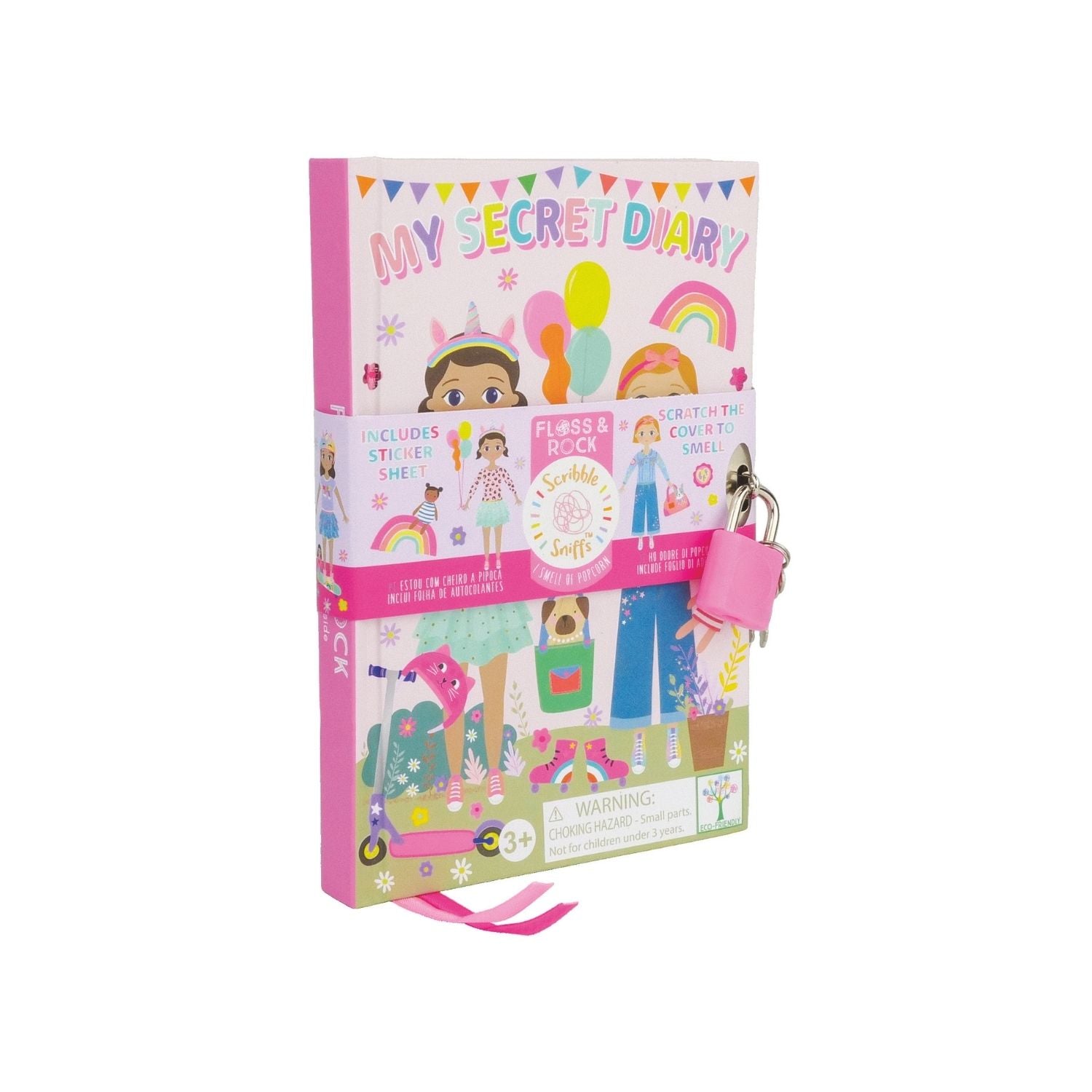 A colorful children's diary titled 'My Scented Secret Diary' with illustrations of dolls and a scratch and sniff cover, accompanied by a padlock and key, and a sticker sheet.