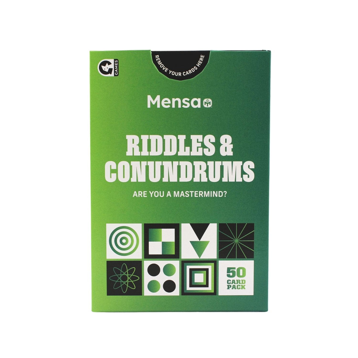 Mensa Riddles & Conundrums card game packaging on a white background